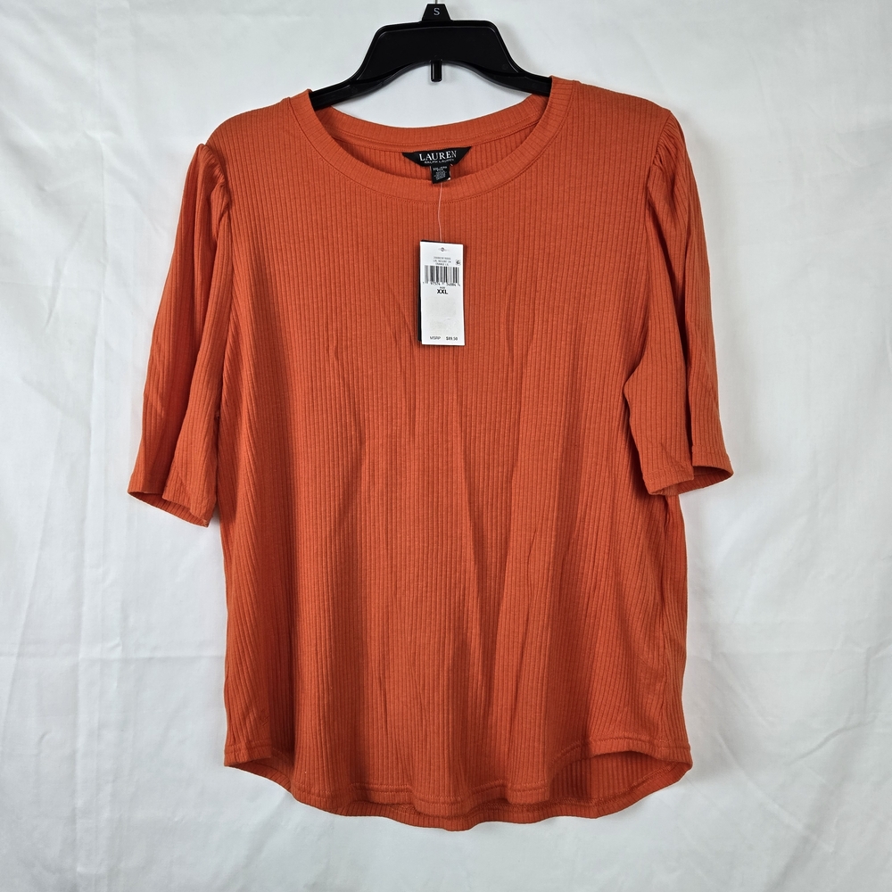 Lauren Ralph Lauren Women's Orange Cotton-Blend Rib-Knit Puff-Sleeve Top XXL NEW